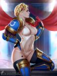  1girl adeptus_astartes armor armored_boots artist_name blonde_hair blue_eyes boots bra breasts cleavage closed_mouth gauntlets hand_on_hip highres lingerie lips looking_at_viewer navel omega_symbol panties pantylines pauldrons red_curtains short_hair shoulder_armor solo space_marine stomach themaestronoob ultramarines underwear warhammer_40k web_address white_bra white_panties 