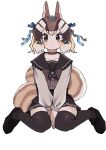  1girl absurdres animal_ears brown_eyes brown_hair chipmunk_ears chipmunk_girl chipmunk_tail choker closed_mouth dress extra_ears highres kanmoku-san kemono_friends kemono_friends_v_project kneehighs looking_at_viewer ribbon sailor_collar sailor_dress shoes short_hair siberian_chipmunk_(kemono_friends) simple_background skirt socks solo tail virtual_youtuber white_background 
