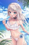  1girl absurdres alternate_costume beach blue_eyes breasts cleavage collarbone commentary_request food hair_ornament highres indie_virtual_youtuber innertube long_hair looking_at_viewer medium_breasts mole mole_under_eye nagino_mashiro ocean popsicle reityana sky solo swimsuit virtual_youtuber 