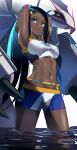  1girl aqua_hair armlet armpits arms_behind_head arms_up bangs bare_shoulders belly_chain bike_shorts bikini black_hair blue_eyes blue_eyeshadow blue_hair breasts commentary_request crop_top dark-skinned_female dark_skin earrings eyeshadow golisopod groin hair_bun haska_(user_gure4787) highres hoop_earrings jewelry long_hair looking_at_viewer makeup medium_breasts midriff multicolored_hair navel nessa_(pokemon) parted_lips pokemon pokemon_(game) pokemon_swsh sidelocks simple_background single_hair_bun standing swimsuit tankini taut_clothes two-tone_hair wading water wet white_background 