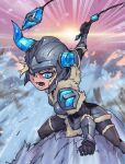  1girl :d armor bangs black_gloves blonde_hair blue_eyes blurry blurry_background breasts broken_horn fur-trimmed_armor fur_collar gloves helmet holding holding_weapon horns league_of_legends lower_teeth_only medium_breasts phantom_ix_row riding sejuani smile snow solo sunset teeth tongue weapon 