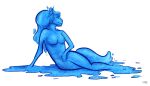  2015 anthro blue_body blue_eyes blue_hair blue_sclera blue_tail elemental_creature featureless_crotch female full-length_portrait hair mouth_closed nude pinup portrait pose signature simple_background solo tail unknowhiter water water_creature white_background 