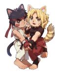  2boys animal_ears bara black_hair blonde_hair blush_stickers cat_boy cat_ears cat_tail deformed dougi forked_eyebrows full_body headband highres holding_hands kemonomimi_mode ken_masters looking_at_viewer male_focus multiple_boys muscular muscular_male pectoral_cleavage pectorals ryu_(street_fighter) short_hair street_fighter tail tiger_boy tiger_ears tiger_stripes tiger_tail yaoi yuiofire 