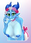  anthro areola azula_caelum_(valdusaetherius) blue_areola blue_body blue_horn blue_nipples blue_pussy blush breasts claws collar digital_media_(artwork) female flower flower_crown genitals green_eyes horn kobold leaning leaning_forward looking_at_viewer nipples nude pink_collar pink_ribbon plant pussy ribbons shasya smile solo tail 