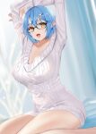  1girl :d ahoge arms_up bangs blue_hair breasts cleavage colored_tips glasses grey_sweater hair_ornament hairpin heart heart_ahoge highres hololive kusaka_souji large_breasts long_hair looking_at_viewer multicolored_hair open_mouth pointy_ears smile solo streaked_hair stretching sweater very_long_hair virtual_youtuber yellow_eyes yukihana_lamy 