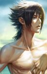  1boy artist_name black_hair final_fantasy final_fantasy_xv green_eyes hair_between_eyes hand_up highres looking_away male_focus medium_hair nipples noctis_lucis_caelum nose parted_lips sinad_aruatjanapat solo tagme upper_body 