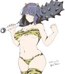  1girl animal_print artist_name bangs bikini breasts club_(weapon) collarbone commentary_request cowboy_shot dated eyepatch fake_horns grin hands_up highres holding holding_weapon horns kanabou kantai_collection large_breasts nail_polish navel oni_horns over_shoulder purple_hair revision short_hair signature simple_background skindentation smile solo swimsuit taira_yuuki tenryuu_(kancolle) thighhighs tiger_print twitter_username weapon weapon_over_shoulder yellow_eyes 