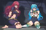  2girls arms_behind_back barefoot bdsm blue_hair bondage bound bound_wrists breasts chain chloe_(fire_emblem) cleavage cleave_gag cloth_gag commentary covered_navel elbow_gloves fire_emblem fire_emblem_engage gag gagged gloves green_eyes highres improvised_gag indoors iscreamman001 kneeling large_breasts long_hair multiple_girls red_eyes red_hair shadow thighhighs thighs very_long_hair white_gloves white_thighhighs yunaka_(fire_emblem) 