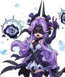  1girl arm_up bangs bare_shoulders black_dress blindfold breasts commentary cowboy_shot dress elbow_gloves flower gloves horns league_of_legends long_hair lower_teeth_only multicolored_clothes multicolored_dress open_mouth phantom_ix_row pink_hair purple_flower purple_gloves small_breasts solo spirit_blossom_syndra symbol-only_commentary syndra teeth thighhighs tongue white_background white_dress 