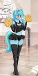  absurd_res anthro armwear blush bottomwear bulge cheerleader clothed clothing elbow_gloves fan_character girly gloves hair handwear hi_res latex legwear long_hair male pom_poms shamziwhite shy siriusnavigator skirt stockings text 