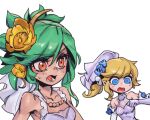 2girls bangs bare_shoulders bead_necklace beads blue_eyes blush breasts character_request collarbone crystal_rose_lux detached_sleeves flower green_hair hair_flower hair_ornament jewelry league_of_legends long_hair lux_(league_of_legends) multiple_girls necklace open_mouth orange_eyes orange_flower phantom_ix_row ponytail small_breasts sweatdrop upper_body veil 