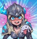 1girl :d animal bangs black_gloves blonde_hair blue_background blush breasts broken_horn cleavage collarbone fur-trimmed_armor gloves green_eyes hand_up helmet holding holding_animal horns league_of_legends looking_at_viewer medium_breasts phantom_ix_row pink_background poro_(league_of_legends) sejuani short_hair smile teeth tongue tongue_out upper_body 
