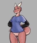  absurd_res angryfur anthro clothed clothing female half_naked hi_res horn kobold shirt smile solo t-shirt tail topwear 