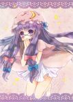  1girl bangs barefoot bespectacled blush book bow crescent crescent_hat_ornament dress frown glasses hair_bow hat_ornament highres holding holding_book long_hair multiple_hair_bows patchouli_knowledge purple_eyes purple_hair purple_headwear solo star_(symbol) striped striped_dress thea_(15124) touhou very_long_hair 