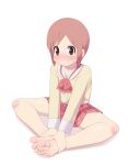  1girl barefoot blush brown_eyes brown_hair feet holding_own_foot long_sleeves looking_at_viewer maidforge nichijou school_uniform short_hair simple_background sitting skirt tachibana_misato toenails toes white_background 