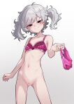  1girl bar_censor black_eyes borrowed_character bottomless bra breasts censored closed_mouth collarbone cowboy_shot gradient_background grey_background grey_hair highres holding holding_clothes holding_panties holding_underwear looking_at_viewer navel original panties pink_bra pink_panties pussy small_breasts smile solo twintails underwear yotubeya 