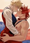  2boys arm_around_neck ass_grab bakugou_katsuki blonde_hair blurry blurry_background boku_no_hero_academia bow bowtie donnaoneone kirishima_eijirou looking_at_another male_focus multiple_boys nipples pants red_bow red_bowtie red_eyes red_hair red_pants shirt spiked_hair straddling suspenders topless_male upright_straddle vest white_shirt yaoi 