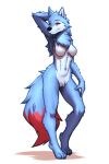  2023 absurd_res anthro arm_tuft black_nose blue_body blue_fur breasts canid canine canis chest_tuft crotch_tuft dipstick_tail elbow_tuft eyelashes featureless_breasts female fluffy fluffy_tail fur hand_behind_head hi_res mammal markings mykegreywolf navel nude solo tail tail_markings tuft wolf 