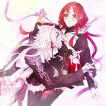  1boy 1girl beniyuri_(kokuchou_no_psychedelica) blush closed_eyes hetero hug kaori kiss kissing_stomach kokuchou_no_psychedelica long_hair looking_at_another looking_down lying messy_hair monshiro_(kokuchou_no_psychedelica) on_back purple_ribbon red_eyes red_hair ribbon white_background white_hair 