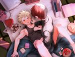  2boys abs bakugou_katsuki black_sweater black_tank_top blonde_hair boku_no_hero_academia box chocolate food_in_mouth heart-shaped_box highres lidi6 lying male_focus multicolored_hair multiple_boys nipples on_back on_bed pectorals pillow red_eyes red_hair shorts spiked_hair split-color_hair sweater tank_top todoroki_shouto turtleneck turtleneck_sweater two-tone_hair valentine white_hair yaoi 