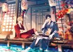 2boys ;d animal_on_lap aqua_eyes architecture autumn_leaves bangs barefoot black_cat black_hair blonde_hair blue_kimono bokken branch calico cat earrings east_asian_architecture falling_leaves full_body geta glasses highres japanese_clothes jewelry katana kimono knee_up lantern leaf looking_at_viewer male_focus multiple_boys necklace on_lap one_eye_closed original paper_lantern parted_bangs parted_lips red_eyes red_kimono sandals sandals_removed sheath sheathed short_hair sitting smile soaking_feet striped striped_kimono swept_bangs sword veranda water weapon wooden_sword yu_pa_u yukata 