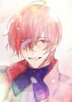  1boy blush cendrillon_palika jacket kaori looking_at_viewer male_focus multicolored_shirt purple_eyes purple_shirt red_hair shien_clinochlore shirt short_hair smile solo teeth white_background white_jacket white_shirt 