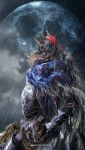  00osamio00 1boy armor artist_name blaidd_the_half-wolf blue_scarf cape cloud cloudy_sky elden_ring full_moon fur_cape fur_trim glowing glowing_eyes highres holding holding_weapon instagram_username moon rain red_eyes roaring scarf sky solo sword sword_hilt twitter_username weapon wolf_boy 