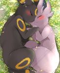  ambiguous_gender black_body blush detailed_background duo eeveelution espeon eyes_closed feral generation_2_pokemon hi_res holding_paws lying nintendo on_side paws pokemon pokemon_(species) prrrrrrmine purple_body quadruped sleeping umbreon 