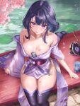  1girl asymmetrical_sleeves bare_shoulders black_thighhighs breasts cherry_blossoms cleavage commentary_request feet_out_of_frame genshin_impact highres japanese_clothes kimono large_breasts lily_pad long_hair long_sleeves looking_at_viewer off_shoulder parted_lips petals purple_eyes purple_hair purple_kimono raiden_shogun short_sleeves sitting solo thighhighs thighs very_long_hair water yawww_(yawwwart) 