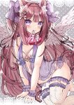  1girl absurdres angel angel_wings animal_ears ass babydoll bangs blunt_bangs blush bow box breasts bridal_garter brown_hair cat_ears cat_girl cat_tail feathered_wings fishnet_thighhighs fishnets floral_print hair_bow hair_ornament hair_ribbon hairclip halo heart heart-shaped_box heart_hair_ornament highres hinao liquid_halo long_hair looking_at_viewer mouth_hold navel no_shoes original purple_eyes ribbon ribbon_in_mouth rose_print see-through see-through_bow small_breasts smile solo sparkle tail thighhighs two_side_up very_long_hair wings wrist_cuffs 
