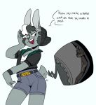  2018 anthro beanie bottomwear breasts butt clothing emmacat64 extreme_size_difference female flannel_(emmacat64) freckles freckles_on_breasts fur grey_body grey_fur hat headgear headwear lagomorph larger_female leporid mammal micro panties rabbit shorts simple_background size_difference trapped_in_clothing underwear white_background 