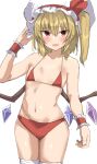  1girl bangs bare_shoulders bikini blonde_hair blush breasts cowboy_shot crystal fang flandre_scarlet furrowed_brow golgi_hon hair_between_eyes hand_up hat highres leaning_to_the_side looking_at_viewer mob_cap navel one_side_up open_mouth red_bikini red_eyes red_ribbon ribbon simple_background skin_fang small_breasts solo swimsuit thighhighs touhou tsurime white_background white_headwear white_thighhighs wings wrist_cuffs 