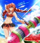  1girl 2022 artist_name beach bikini bikini_skirt black_skirt blue_eyes blush braid breasts cleavage dated food frilled_bikini frills fruit graf_eisen hair_bobbles hair_ornament highres large_breasts long_hair looking_at_viewer lyrical_nanoha mahou_shoujo_lyrical_nanoha mahou_shoujo_lyrical_nanoha_a&#039;s mahou_shoujo_lyrical_nanoha_strikers navel outdoors red_bikini red_hair ribbon san-pon skirt sky solo swimsuit tongue tongue_out twin_braids twintails vita watermelon 