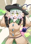  1girl :d absurdres bangs black_headwear blush breasts bright_pupils buttons collar commentary diamond_button floral_print frilled_collar frilled_sleeves frills green_eyes green_hair green_sailor_collar hair_between_eyes hands_up happy hat hat_ribbon heart heart_background heart_of_string highres kabi_killer komeiji_koishi light_particles looking_to_the_side medium_breasts medium_hair open_mouth ribbon rose_print sailor_collar shirt simple_background sleeves_past_wrists smile solo sparkle standing third_eye touhou v v_over_eye wide_sleeves yellow_ribbon yellow_shirt 