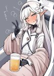  1girl :q @_@ absurdres alcohol beer beer_mug black_gloves black_hairband blue_archive blush closed_mouth cup drunk flower gloves grey_hair hair_flower hair_ornament hair_tubes hairband halo highres himari_(blue_archive) holding holding_cup jacket kurosteel_ds long_hair long_sleeves looking_at_viewer mole mole_under_eye mug pointy_ears purple_eyes sitting smile solo tongue tongue_out translation_request v white_jacket 