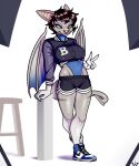  2022 anthro bat black_sclera bottomwear clothing crop_top dolphin_shorts fangs female footwear furniture gesture hair hi_res jacket jordan_(brand) leaning leotard mammal membrane_(anatomy) membranous_wings nike photo_shoot shirt shoes short_hair shorts sneakers solo stool teeth topwear v_sign wick_(artist) wings 