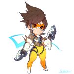  1girl bangs bodysuit bomber_jacket breasts brown_hair chest_harness chibi commentary_request full_body gloves goggles gun harness highres jacket kotatsu_(g-rough) looking_at_viewer medium_breasts orange_bodysuit orange_goggles overwatch overwatch_1 short_hair smile solo spiked_hair standing tracer_(overwatch) weapon 