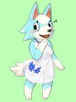  2023 animal_crossing anthro biped blue_body blue_fur blush canid canine canis clothing digital_media_(artwork) dress female fur gloves_(marking) green_background hair hi_res kame_3 mammal markings multicolored_body multicolored_fur musical_note nintendo simple_background skye_(animal_crossing) smile solo two_tone_body two_tone_fur white_body white_clothing white_dress white_fur white_hair wolf 