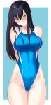  1girl arms_behind_back ass_visible_through_thighs black_hair blue_background blue_one-piece_swimsuit blush border breasts brown_eyes commentary_request competition_swimsuit covered_navel cowboy_shot din_(raiden) glasses highleg highleg_swimsuit highres large_breasts long_hair nose_blush one-piece_swimsuit original solo swimsuit thigh_gap two-tone_background two-tone_swimsuit white_border 