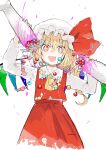  1girl absurdres ascot bangs blonde_hair blood bow collared_shirt cross-shaped_pupils crystal fang flandre_scarlet food happy highres long_sleeves medium_hair niseneko_(mofumofu_ga_ienai) one_side_up pinata pink_blood red_bow red_skirt red_vest severed_limb shirt skin_fang skirt skirt_set solo sweets symbol-shaped_pupils touhou twitter_username vest white_background white_headwear white_shirt wings yellow_ascot 