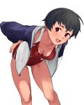 1girl bent_over black_hair breasts cleavage commentary fang hands_on_own_ass highres hood hoodie medium_breasts one-piece_swimsuit open_mouth original red_eyes red_one-piece_swimsuit short_hair smile solo swimsuit tooku_nomura_(artist) 