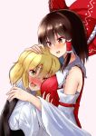  2girls :d bangs bare_shoulders between_breasts black_vest blonde_hair blush bow braid breast_grab breasts brown_hair collared_shirt commentary_request detached_sleeves frilled_bow frills from_side grabbing hair_bow hair_tubes hakurei_reimu hand_on_another&#039;s_head hand_on_another&#039;s_shoulder head_between_breasts highres kirisame_marisa large_breasts looking_at_another medium_hair mukkushi multiple_girls no_headwear open_mouth red_bow red_eyes red_shirt shirt simple_background single_braid sleeveless sleeveless_shirt smile sweatdrop touhou turtleneck upper_body vest white_background white_shirt yellow_eyes yuri 