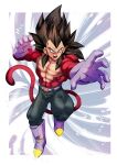  1boy absurdres black_hair denim dragon_ball dragon_ball_gt fighting_stance gloves green_eyes highres jeans jumping monkey_boy monkey_tail muscular muscular_male open_mouth pants purple_footwear solo spiked_hair super_saiyan super_saiyan_4 tail vegeta widow&#039;s_peak yuuri_(fukuroudou) 