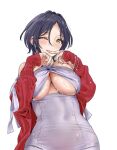 1girl ;) bangs blue_hair blush bracelet breasts cardigan cleavage covered_navel dark_blue_hair dress hamedoragon hayami_kanade idolmaster idolmaster_cinderella_girls jewelry large_breasts looking_at_viewer one_eye_closed parted_bangs red_cardigan ring simple_background smile solo underboob upper_body wet wet_clothes wet_dress wet_hair white_background white_dress 