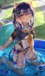  1girl animal_ears bangs blue_hair blush cat_ears fake_animal_ears highres jewelry kneeling leotard looking_at_viewer michairu necklace open_mouth orange_eyes original outdoors partially_submerged pool sailor_collar shirt solo thigh_strap toy toy_boat water water_gun 
