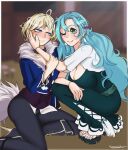  2girls ;) absurdres aqua_hair black_choker black_pants blonde_hair blue_eyes blue_jacket blue_nails bow braid breasts chloe_(fire_emblem) choker commentary elinniel english_commentary fake_tail fire_emblem fire_emblem_engage fur-trimmed_jacket fur_trim green_eyes hair_bow high_heels highres jacket large_breasts leggings long_sleeves looking_at_another merrin_(fire_emblem) multiple_girls nail_polish one_eye_closed pants purple_bow sandals short_hair short_sleeves smile tail toenail_polish toenails wolf_tail yuri 