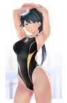  1girl alternate_costume armpits arms_up back_cutout bangs black_hair black_one-piece_swimsuit black_scrunchie blue_eyes blurry blurry_background border breasts closed_mouth clothing_cutout collarbone commentary competition_swimsuit crossed_arms depth_of_field from_side groin hair_between_eyes hair_ornament hair_scrunchie half-closed_eyes high_ponytail highleg highleg_swimsuit highres houshou_(kancolle) kantai_collection long_hair looking_at_viewer medium_breasts one-piece_swimsuit outside_border ponytail scrunchie smile solo standing straight_hair swept_bangs swimsuit thighs very_long_hair wa_(genryusui) white_border yellow_trim 
