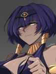  1girl blue_eyes blue_hair blush breasts candace_(genshin_impact) closed_mouth czasjb dark-skinned_female dark_skin eye_of_horus genshin_impact heterochromia highres signature twintails yellow_eyes 