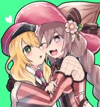  2girls alice_(rune_factory) blonde_hair braid braided_ponytail cheek-to-cheek fishnet_top fishnets flower gloves green_background hair_between_eyes hair_flower hair_ornament hand_on_another&#039;s_arm hat heads_together heart heart-shaped_pupils hug long_hair ludmila_(rune_factory) multiple_girls necktie nekoneko_crown one_eye_closed rune_factory rune_factory_5 symbol-shaped_pupils very_long_hair witch_hat yuri 