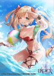  1girl aqua_eyes ball beachball bikini blonde_hair bow braid choker eroica grin hair_bow holding holding_ball holding_beachball in_water itamidome jacket long_hair luna_(eroica) official_art one_eye_closed red_bikini red_bow see-through see-through_jacket side_braids smile solo strapless strapless_bikini swimsuit twintails 